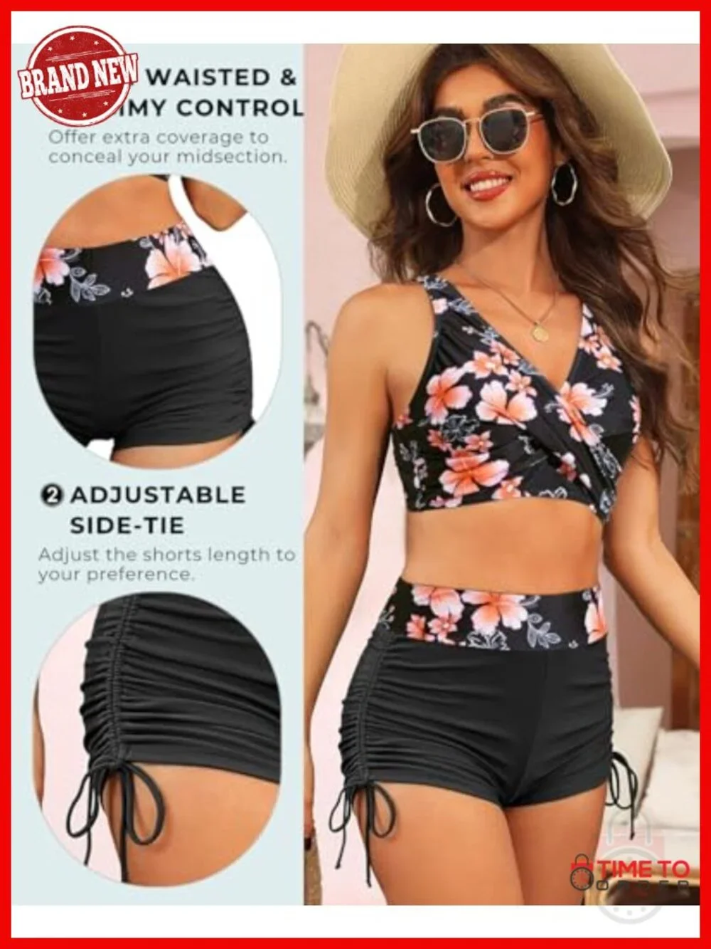 Two Piece High Waisted Bikini Set with Boyshorts Twist Front Lace Up